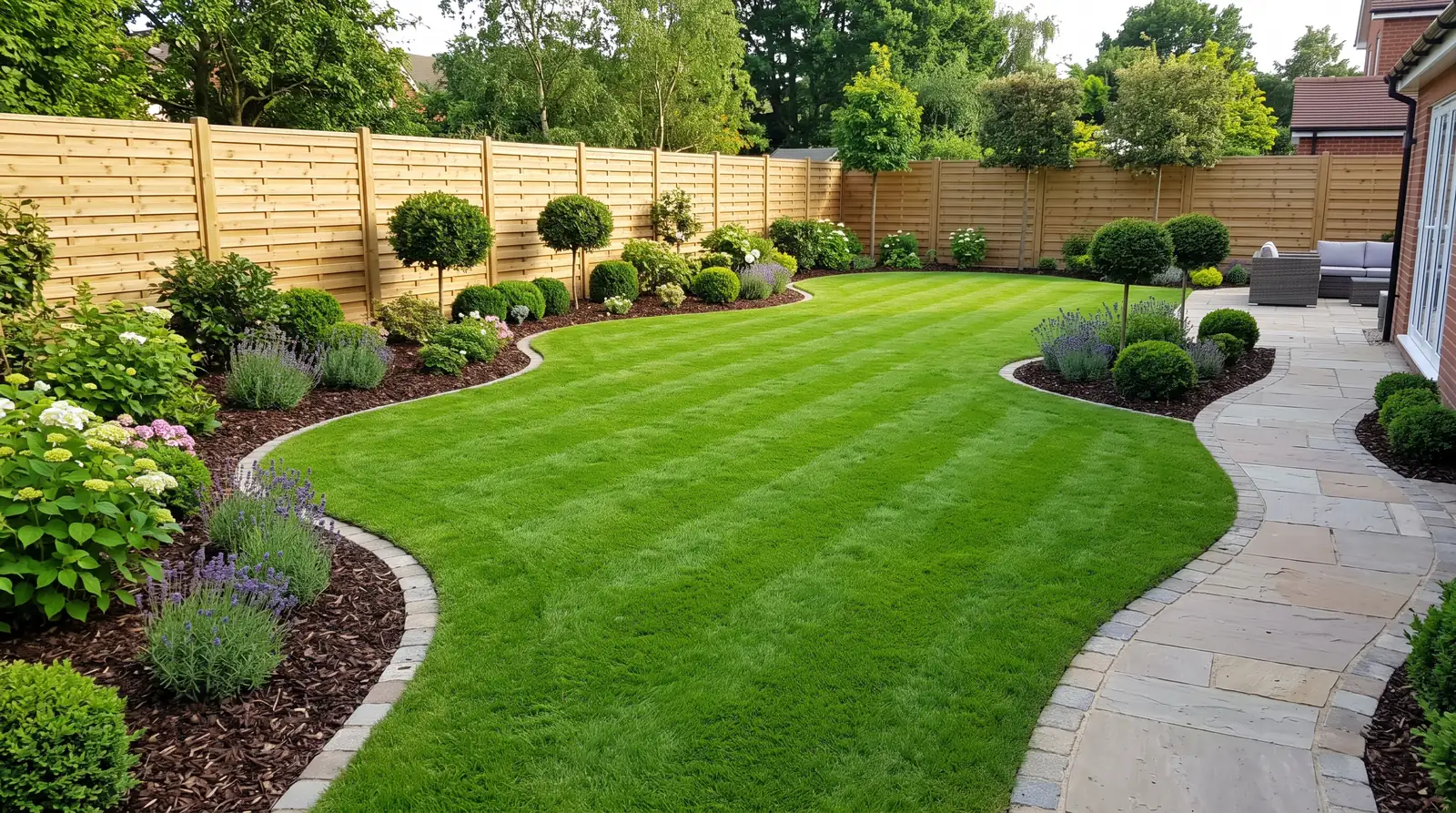 Le même jardin après aménagement : pelouse tondue, bordures en pavés, massifs paillés et terrasse en pierre