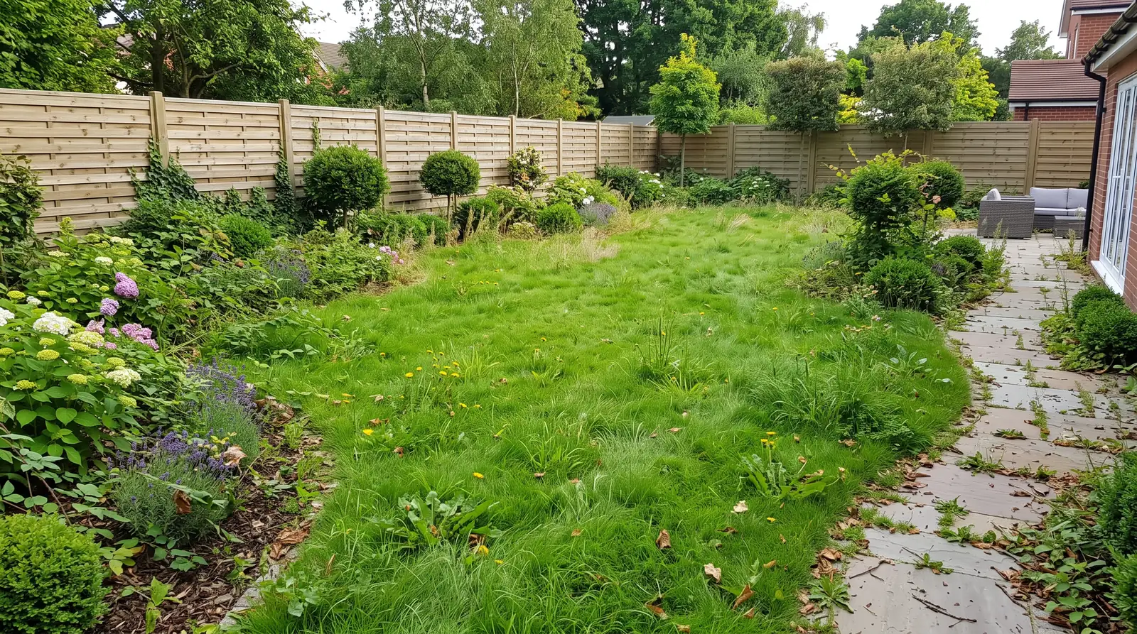 Le jardin avant aménagement : herbe haute, mauvaises herbes et dallage envahi